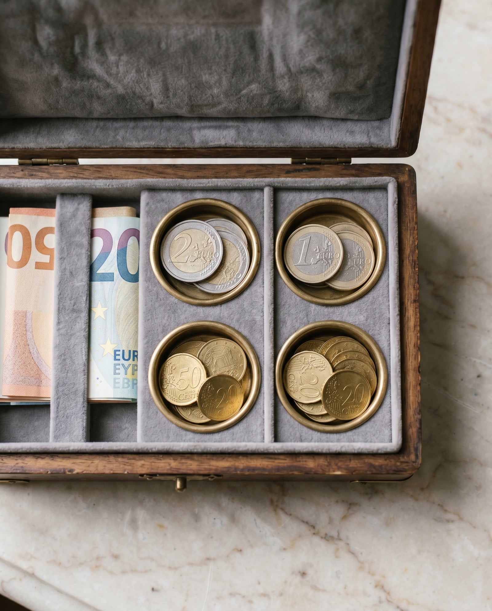 Geöffnete Notgroschen-Schatulle mit gefaltetem 50-Euro-Schein im Scheinfach und sortierten Euro-Münzen in den Mulden