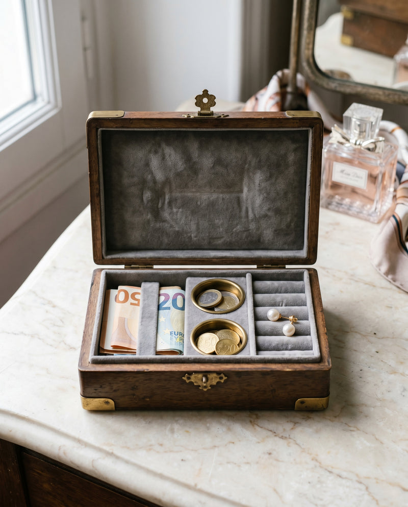 Boudoir-Etui · Samt und Messing, Holzkassette mit Samt-Innenfutter, Messingbeschlag, kleinem Schloss