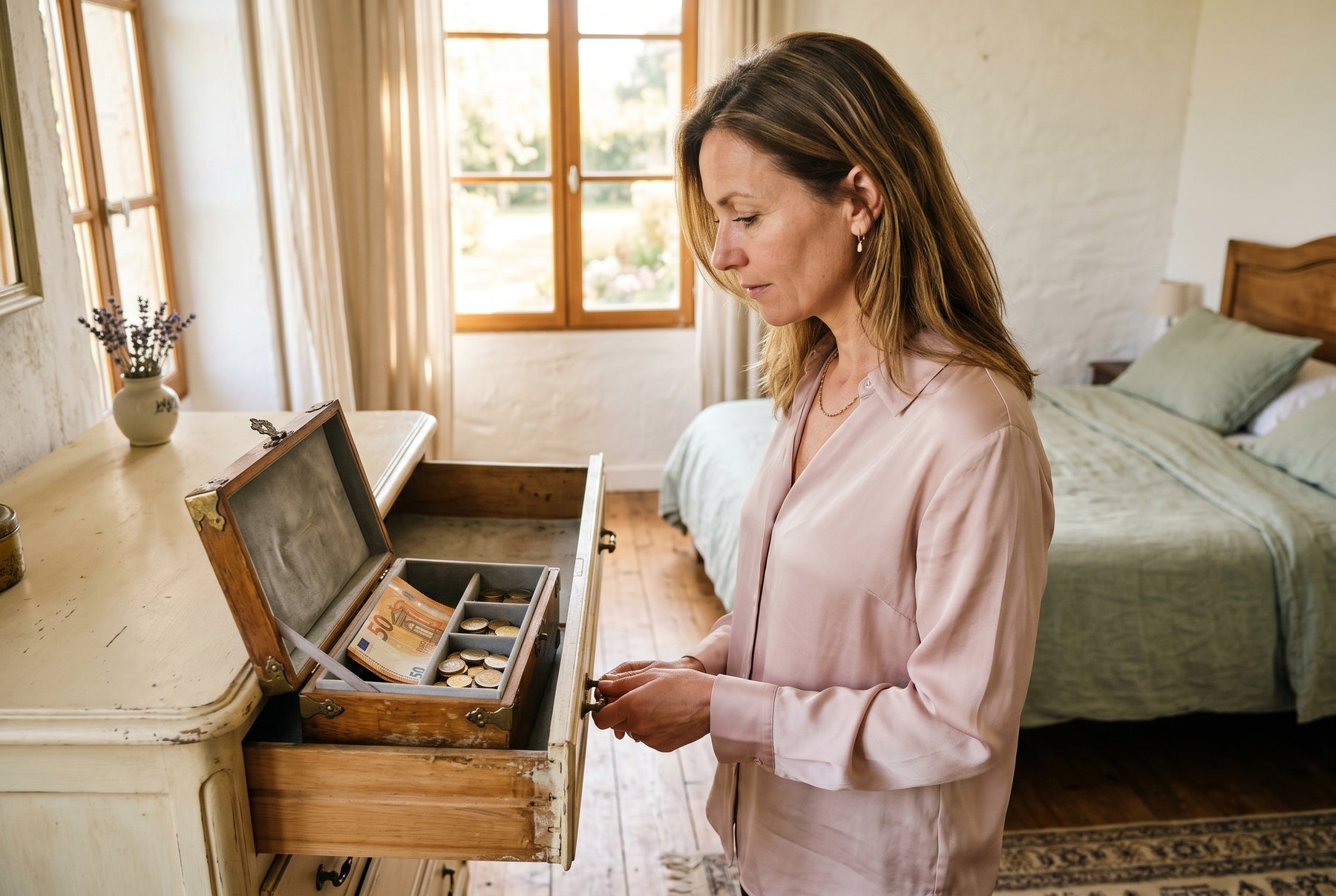 Eine Frau in cremefarbenem Pullover an einer Holzkommode in einem hellen Schlafzimmer, die geöffnete Notgroschen-Schatulle zeigt sortierte Euro-Münzen und einen 50-Euro-Schein