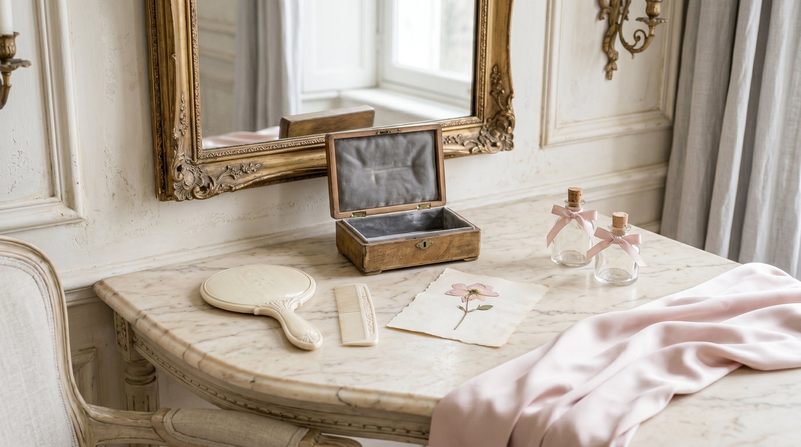 Französische Boudoir-Vanité in weichem Morgenlicht, Marmoroberfläche mit Parfumflakons und Beinweiss-Spiegel